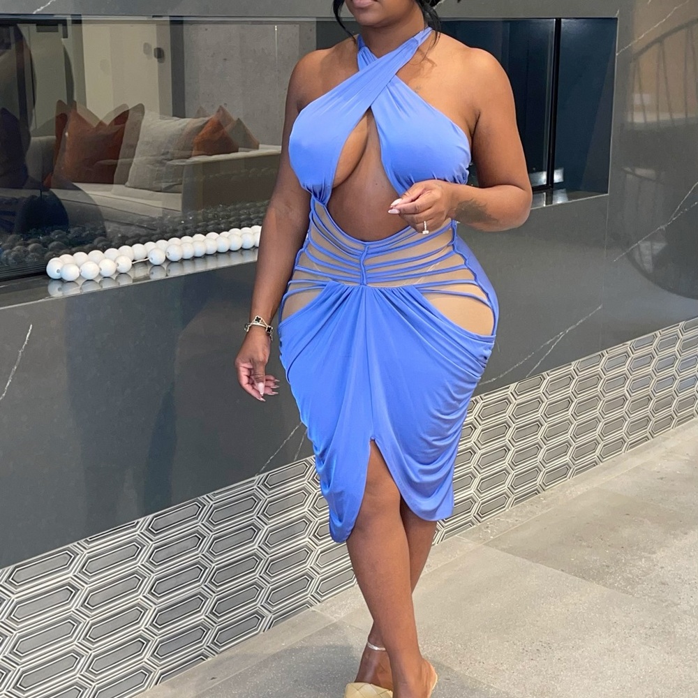 Blue Cutout Halter Dress